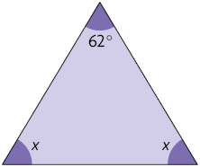 Ilustração de um triângulo. Os ângulos internos estão destacados: x, 62 graus e x.