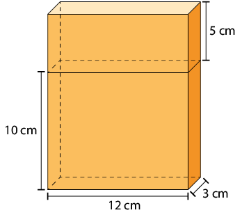 Ilustração de uma composição formada por dois paralelepípedos retângulos, um acima do outro. Um paralelepípedo tem 12 centímetros de comprimento, 3 centímetros de largura e 10 centímetros de altura. O outro paralelepípedo tem 12 centímetros de comprimento, 3 centímetros de largura e 5 centímetros de altura.