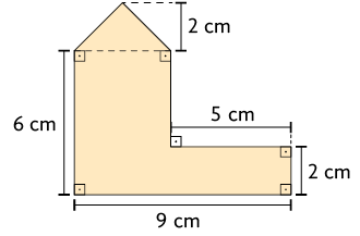 Ilustração de uma figura plana formada por um retângulo, um quadrado e um triângulo. As medidas das figuras são: Retângulo: 9 centímetros de comprimento, 2 centímetros de altura; Quadrado com medidas de 4 centímetros; Triângulo: 4 centímetros de comprimento da base e 2 centímetros de altura.