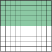 Ilustração de um quadrado dividido em 100 partes iguais. 50 partes estão coloridas de verde e o restante de branco.