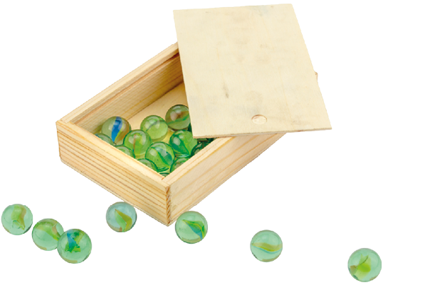 Ilustração de uma caixa de madeira aberta com bolinhas de gude dentro e outras já fora da caixa. 