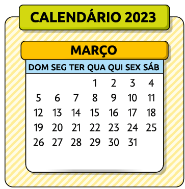 Ilustração de uma parte de um calendário com o mês de março de 2023, com os dias 1 ao 31.