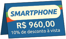 Ilustração de uma placa. Nela há as seguintes informações textuais: 'Smartphone'; '960 reais 10 por cento de desconto à vista'.