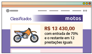 Ilustração de uma captura de tela de classificados de motos. Texto: '13 mil 430 reais com entrada de 70 por cento e o restante em 12 prestações iguais'.