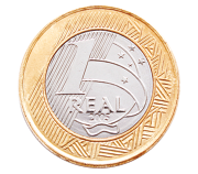 Fotografia de uma moeda de 1 real na face coroa. Está escrito '1 real'.