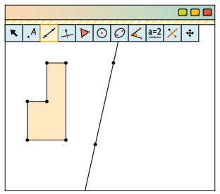 Ilustração. Tela do software de geometria dinâmica com a ferramenta reta, da barra de ferramentas, selecionada. Na tela há um polígono de seis lados à esquerda, com pontos em seus vértices, semelhante à letra L voltada para a esquerda, e uma reta posicionada diagonalmente a direita, com dois pontos sobre ela.