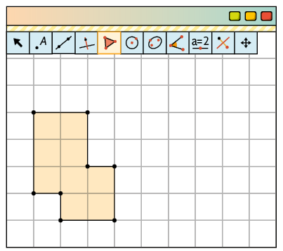 Ilustração. Tela do software de geometria dinâmica com a ferramenta polígono, da barra de ferramentas, selecionada. Na tela há uma malha quadriculada com um polígono de oito lados, composto por 9 quadradinhos de mesmo tamanho, formando uma coluna de 3 quadradinhos à esquerda, uma coluna de 4 quadradinhos ao centro, com o primeiro quadradinho de cima alinhado com o primeiro quadradinho da coluna da esquerda, e uma coluna de dois quadradinhos à direita, alinhados com os últimos dois quadradinhos da coluna do meio.    