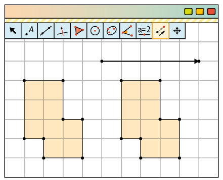 Ilustração. Tela do software de geometria dinâmica com a ferramenta Translação por um Vetor, da barra de ferramentas, selecionada. Na tela há uma malha quadriculada com dois polígonos iguais, de oito lados, um ao lado do outro, e uma seta acima do polígono da direita, com um ponto em cada uma de suas extremidades e com comprimento de cinco unidades da malha.