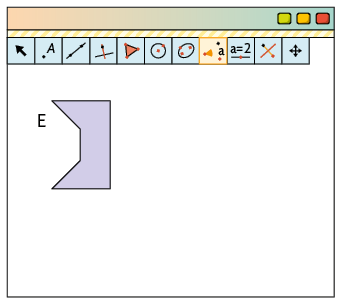 Ilustração. Tela do software de geometria dinâmica com a ferramenta rotação em torno de um Ponto, da barra de ferramentas, selecionada. Na tela há um polígono E, de 6 lados.  Seus lados superior e inferior estão na horizontal, são de mesmo tamanho e estão alinhados. Seu lado à direita está na posição vertical. À esquerda há outros três lados, um acima e outro abaixo, posicionados na diagonal, inclinados para a direita, e de mesmo tamanho, conectados a um outro que está no meio e na vertical. 