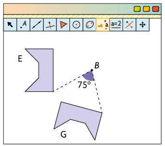 Ilustração. Tela do software de geometria dinâmica com a ferramenta Rotação em Torno de um Ponto, da barra de ferramentas, selecionada. À esquerda, a figura E, abaixo, a imagem obtida por sua rotação em torno de um ponto B, denotada por G. Há um ângulo de medida 75 graus demarcado entre as figuras e com vértice no ponto B.