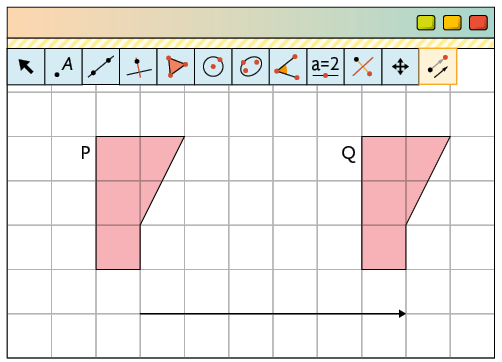 Ilustração. Tela do software de geometria dinâmica com a ferramenta Transformação de Translação selecionada, da barra de ferramentas. Malha quadriculada com dois polígonos de cinco lados iguais, um é indicado pela letra P e o outro indicado pela letra Q, um ao lado do outro, e uma seta abaixo, entre eles, com comprimento igual a 6 unidades da malha.