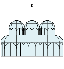Ilustração. Figura representando a estufa do Jardim botânico da cidade de Curitiba, dividida por um eixo indicado por: e, na vertical, em duas figuras simétricas.