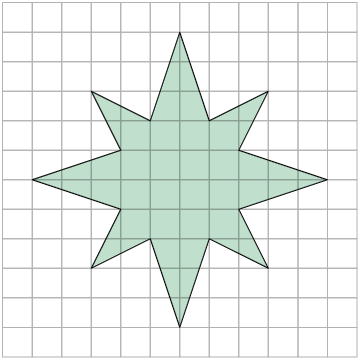 Ilustração. Polígono de 16 lados em formato de uma estrela, cujas quatro pontas das diagonais são menores e de mesmo tamanho. As pontas posicionadas na horizontal e vertical são maiores e de mesmo tamanho.