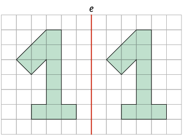 Ilustração. Há um eixo indicado pela letra: e, na vertical, separando duas figuras iguais, cada uma é um polígono de 11 lados com o formato semelhante ao número um.