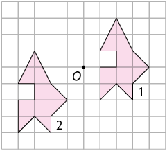 Ilustração. Malha quadriculada. Com um ponto O ao centro, um polígono de 11 lados, indicado pelo número 1, à direita e acima do ponto O e um polígono de 11 lados, indicado pelo número 2, à esquerda e abaixo do ponto O. Ambas são iguais e estão na mesma posição.   