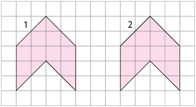 Ilustração. Duas dois polígonos de 6 lados  semelhantes, indicados por 1 e 2, um ao lado do outro, separados por 3 fileiras da malha quadriculada. Ambos de assemelham a uma seta apontando para cima. 