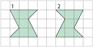 Ilustração. Malha quadriculada com dois polígonos de 6 lados, um ao lado do outro, separados por 2 fileiras da malha quadriculada. O polígono da esquerda está indicado pelo número 1, e o da direita pelo número 2. Os polígonos estão em posições refletidas verticalmente.  