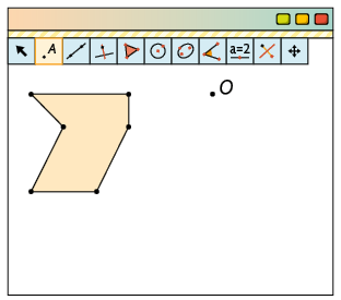 Ilustração. Tela do software de geometria dinâmica com a ferramenta Ponto, da barra de ferramentas, selecionada. Há um polígono de 6 lados à esquerda e um ponto O à direita.