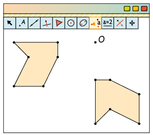 Ilustração. Tela do software de geometria dinâmica com a ferramenta Rotação em Torno de um Ponto, da barra de ferramentas, selecionada. Há um polígono de 6 lados à esquerda, ponto O à direita e um polígono abaixo do ponto O, resultante da rotação do polígono à esquerda, de um ângulo de 90 graus em torno do ponto O.