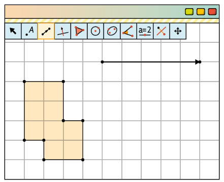 Ilustração. Tela do software de geometria dinâmica com a ferramenta Translação por um Vetor, da barra de ferramentas, selecionada. Malha quadriculada com um polígono de oito lados, composto por 9 quadradinhos de mesmo tamanho, formando uma coluna de 3 quadradinhos à esquerda, uma coluna de 4 quadradinhos ao centro, com o primeiro quadradinho de cima alinhado com o primeiro quadradinho de cima da coluna à esquerda, e uma coluna de dois quadradinhos à direita, alinhados com os últimos dois quadradinhos da coluna do meio. Acima e à direita há uma seta horizontal, com um ponto em cada uma de suas extremidades, apontando para a direita, com comprimento de cinco unidades da malha.