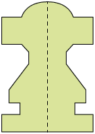 Ilustração. De uma figura recortada na dobra de uma folha de papel que agora foi aberta reproduzindo a mesma figura do outro lado formando uma única figura simétrica com o eixo de simetria exatamente na dobra do papel que está indicado por uma linha pontilhada. A figura apresenta 13 lados, o primeiro possui um formato curvo, o segundo adjacente a este lado curvo, está verticalmente com relação à base da folha de papel, o terceiro está horizontalmente, o quarto verticalmente, o quinto está na diagonal, o sexto, um traço horizontal, o sétimo, um traço comprido na diagonal, o oitavo, um traço horizontal, o nono, um traço vertical, o décimo um traço horizontal, o décimo primeiro, um traço vertical, o décimo segundo um traço horizontal e o décimo terceiro um traço vertical até a dobra do papel. A figura se repete simetricamente após a dobra do papel.
