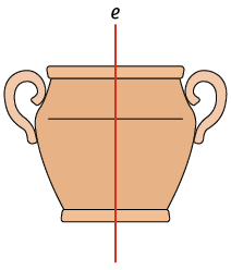 Ilustração. Figura semelhante a um vaso com duas alças, uma na esquerda e outra na direita, há um eixo vertical indicado pela letra e representado exatamente no meio do vaso, representando a divisão em duas partes simétricas.