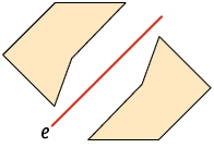 Ilustração. Há uma reta e, posicionada na diagonal, com uma figura posicionada acima e uma figura posicionada abaixo. Uma das figuras é obtida pela rotação de 180 graus da outra em torno em torno de um ponto da reta e. 