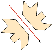 Ilustração. Há uma reta e, posicionada na diagonal, com uma figura posicionada acima e uma figura posicionada abaixo. As duas figuras, juntamente com a reta e, formam uma figura simétrica.   