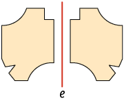 Ilustração. Há uma reta e, posicionada na vertical, com uma figura posicionada à esquerda e outra à direita. As duas figuras, juntamente com a reta e, formam uma figura simétrica.