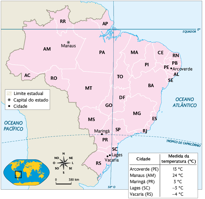 Mapa do Brasil com os limites internacionais, estaduais e as siglas de cada estado. Abaixo há uma tabela relacionando a cidade a sua medida da temperatura, em graus celsius. Os dados são: Arcoverde, Pernambuco: 13 graus celsius; Manaus, Amazonas: 24 graus celsius; Maringá, Paraná: 3 graus celsius; Lages, Santa Catarina: menos 3 graus celsius; Vacaria, Rio Grande do Sul: menos 4 graus celsius.