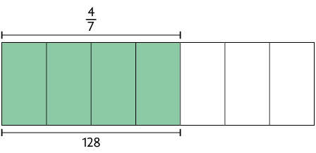 Ilustração de um retângulo dividido em 7 partes iguais. 4 dessas partes estão coloridas de verde e o restante de branco. Há a indicação de que a parte pintada equivale a 4 sétimos ou 128.