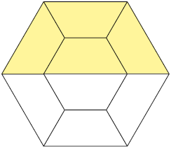 Ilustração de um hexágono dividido em 8 partes iguais, das quais 4 estão pintadas de amarelo e o restante de branco.
