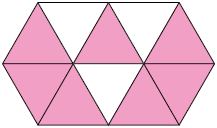 Ilustração de um hexágono dividido em 10 partes iguais, das quais 7 estão pintadas de rosa e o restante de branco.