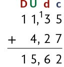 Algoritmo da adição, de 11,35 mais 4,27 resultando em 15,62. Estão indicadas as ordens dos, centésimos, décimos, unidade e dezena. Além disso, próximo ao algarismo 3 do número 11,35 há um número 1.