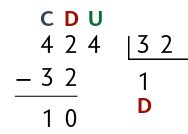 Parte do algoritmo da divisão na chave, de 424 dividido por 32, resultando em 1 com resto 10.  Acima de cada algarismo do número 424 estão as letras maiúsculas C D U, da esquerda para direita. E abaixo de 424, há uma subtração, em que há o sinal de menos e o algarismo 3 posicionado abaixo do 4 e 2 posicionado abaixo do 2, resultando no resto 1 0. O resultado de número 1 está abaixo da chave com a letra D maiúscula abaixo.