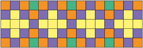 Ilustração. Mosaico composto por quadradinhos, todos de mesma dimensão. Há 20 quadradinhos amarelos; 27 quadradinhos roxos; 22 quadradinhos laranjas e 6 quadradinhos verdes.