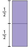 Ilustração. Retângulo, com medida da base menor que a medida da altura, dividido horizontalmente em outros dois retângulos iguais. À esquerda, há um segmento de reta vertical, também dividido na metade com a mesma altura do retângulo maior, com a fração um meio escrita na parte de cima e outra fração um meio na parte de baixo.   