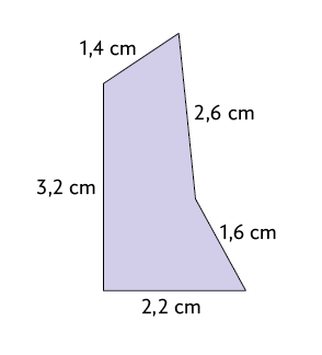 Ilustração. Polígono de cinco lados com indicação da medida de seus respectivos comprimentos: 3,2 centímetros; 1,4 centímetro; 2,6 centímetros; 1,6 centímetro; e 2,2 centímetros. 