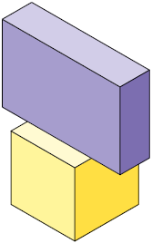 Ilustração. Dois paralelepípedos empilhados, cada um deles é reto retângulo. O de cima é o paralelepípedo de cor roxa com 16 vírgula 4 centímetros de altura; e o de baixo altura é o paralelepípedo de cor amarela. 