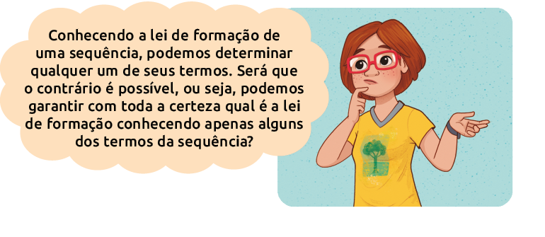 Ilustração de uma mulher com um balão de pensamento em que está escrito: "Conhecendo a lei de formação de uma sequência, podemos determinar qualquer um de seus termos. Será que o contrário é possível, ou seja, podemos garantir com toda a certeza qual é a lei de formação conhecendo apenas alguns dos termos da sequência?'. 