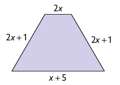 Ilustração de um trapézio isósceles. As medidas de comprimento dos lados são: 2 vezes x mais 1, x mais 5, 2 vezes x mais 1, 2 vezes x.