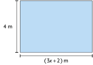 Ilustração de um retângulo. Indicação da altura: 4 metros; Indicação da base: abre parênteses 3x mais 2, fecha parênteses, metros'.