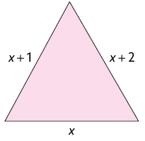 Ilustração de um triângulo com medidas de comprimentos representadas por: x mais 1, x e x mais 2.