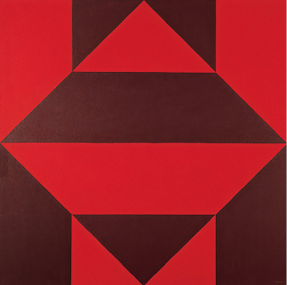 Fotografia de uma pintura com tons de vermelho, composta por polígonos de 3, 4, 5 e 6 lados.