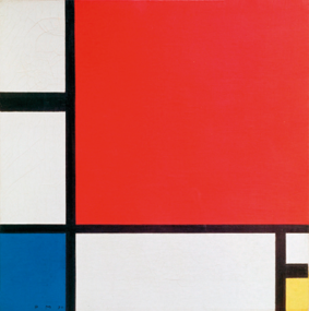 Fotografia de uma pintura com polígonos de 4 lados, de vários tamanhos, branco, azul, vermelho e amarelo. 
