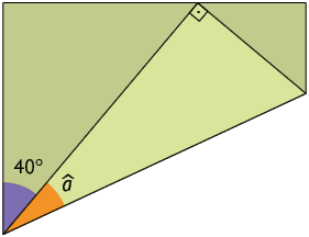 Ilustração de uma cartolina retangular dobrada, em que seu vértice inferior direito encosta no lado de cima. No vértice inferior esquerdo são formados os ângulos a e 40 graus.