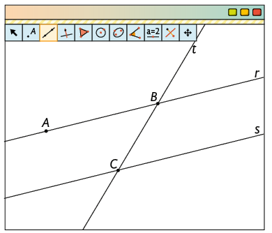 Ilustração de uma página de computador com software de geometria. Há vários botões de ferramentas e um com o desenho de uma reta está selecionado. Ainda na aba, há desenhado duas retas paralelas r e s, com r contendo os pontos A e B e s contendo o ponto C. Ainda, há uma reta transversal t que cruza s em C e cruza r em B.