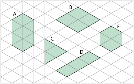 Ilustração de uma malha triangular com 5 polígonos pintados. O polígono A é um hexágono com lados com diferentes medidas; o polígono B é um losango com todos os lados iguais e ângulos internos com medidas diferentes; o polígono C é um triângulo com todos os lados e ângulos internos com medidas iguais; o polígono D é um paralelogramo com lados com diferentes medidas; e o polígono E é um hexágono com todos os lados e ângulos internos com medidas iguais. 