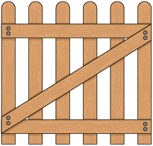 Ilustração de um portão de madeira com ripas de madeira na vertical. Na parte superior e na inferior do portão há uma ripa de madeira na horizontal, pregada nas verticais, e outra na diagonal das duas horizontais.