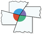 Ilustração com os 4 ângulos externos recortados do quadrilátero anterior. Essas partes estão encaixadas lado a lado, com um vértice em comum e os 4 ângulos formando um ângulo de 360 graus.